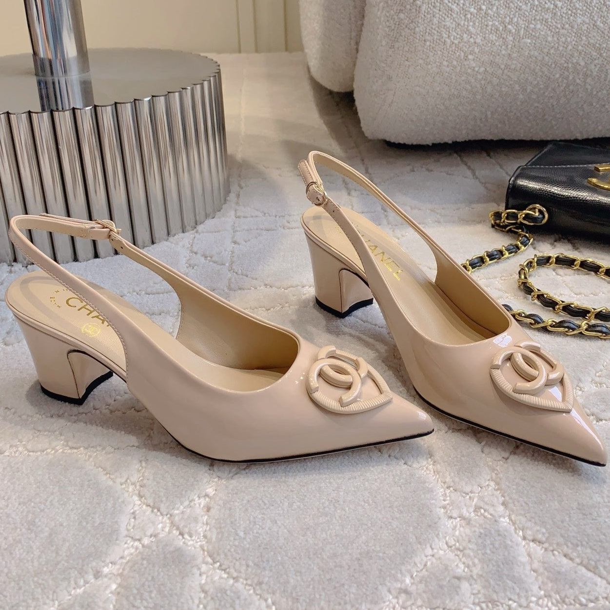 CHANEL HIGH SLINGBACKS 65 MM IN BEIGE CREAM PATENT CALFSKIN
