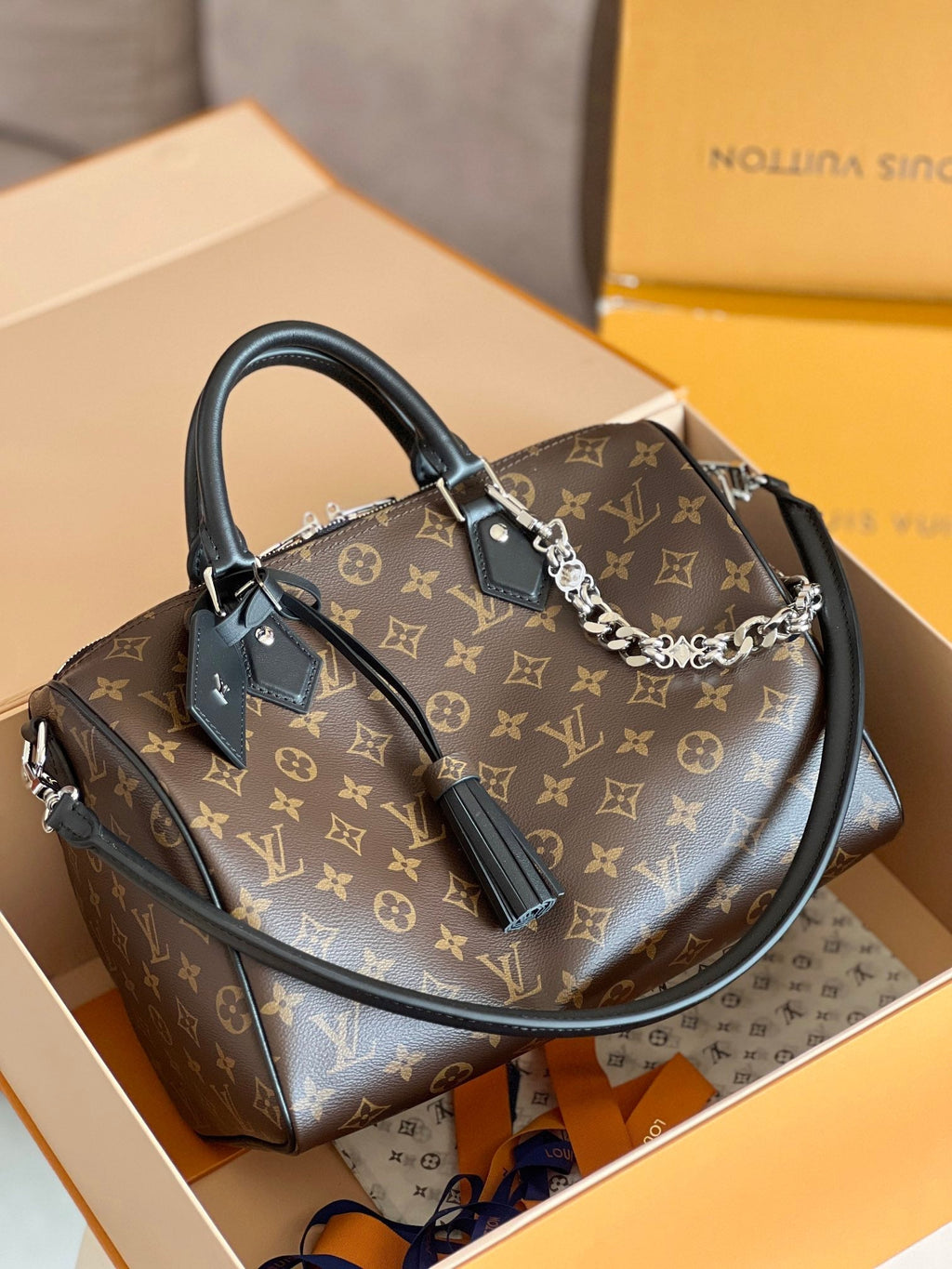 LOUIS VUITTON LV 25S SPEEDY SOFT 30 IN BROWN MONOGRAM CANVAS AND CALFSKIN SILVER HARDWARE