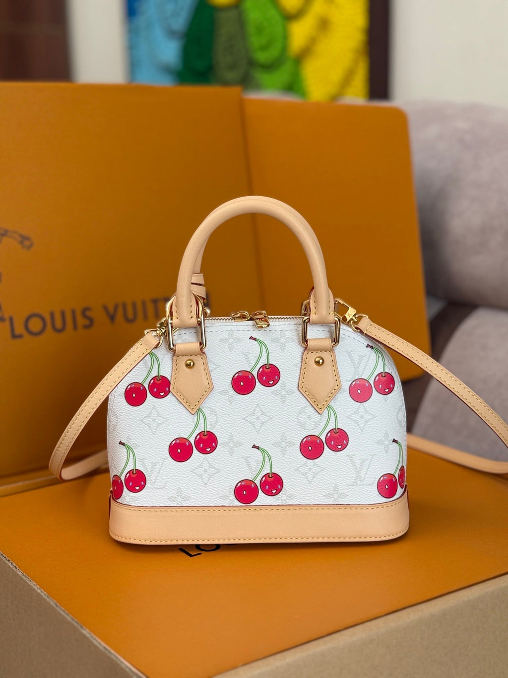 LOUIS VUITTON LV 25S ALMA BB 23 IN WHITE CANVAS MONOGRAM CHERRY PRINT GOLD HARDWARE