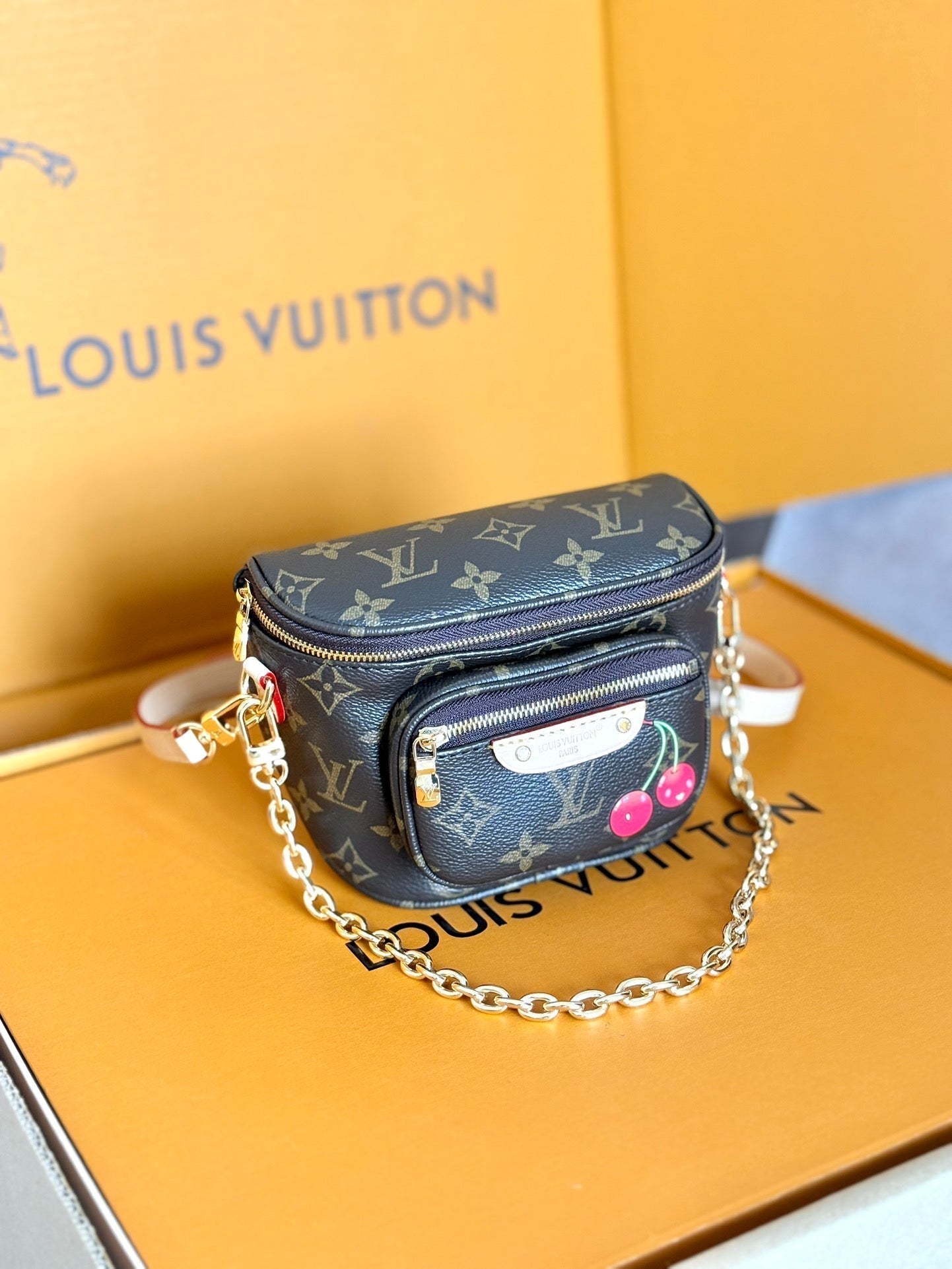 LOUIS VUITTON LV 25S MINI BUMBAG 17 IN BROWN CANVAS MONOGRAM CHERRY PRINT GOLD HARDWARE
