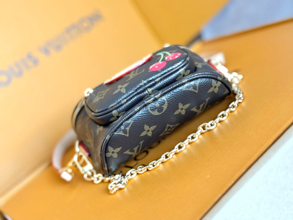 LOUIS VUITTON LV 25S MINI BUMBAG 17 IN BROWN CANVAS MONOGRAM CHERRY PRINT GOLD HARDWARE