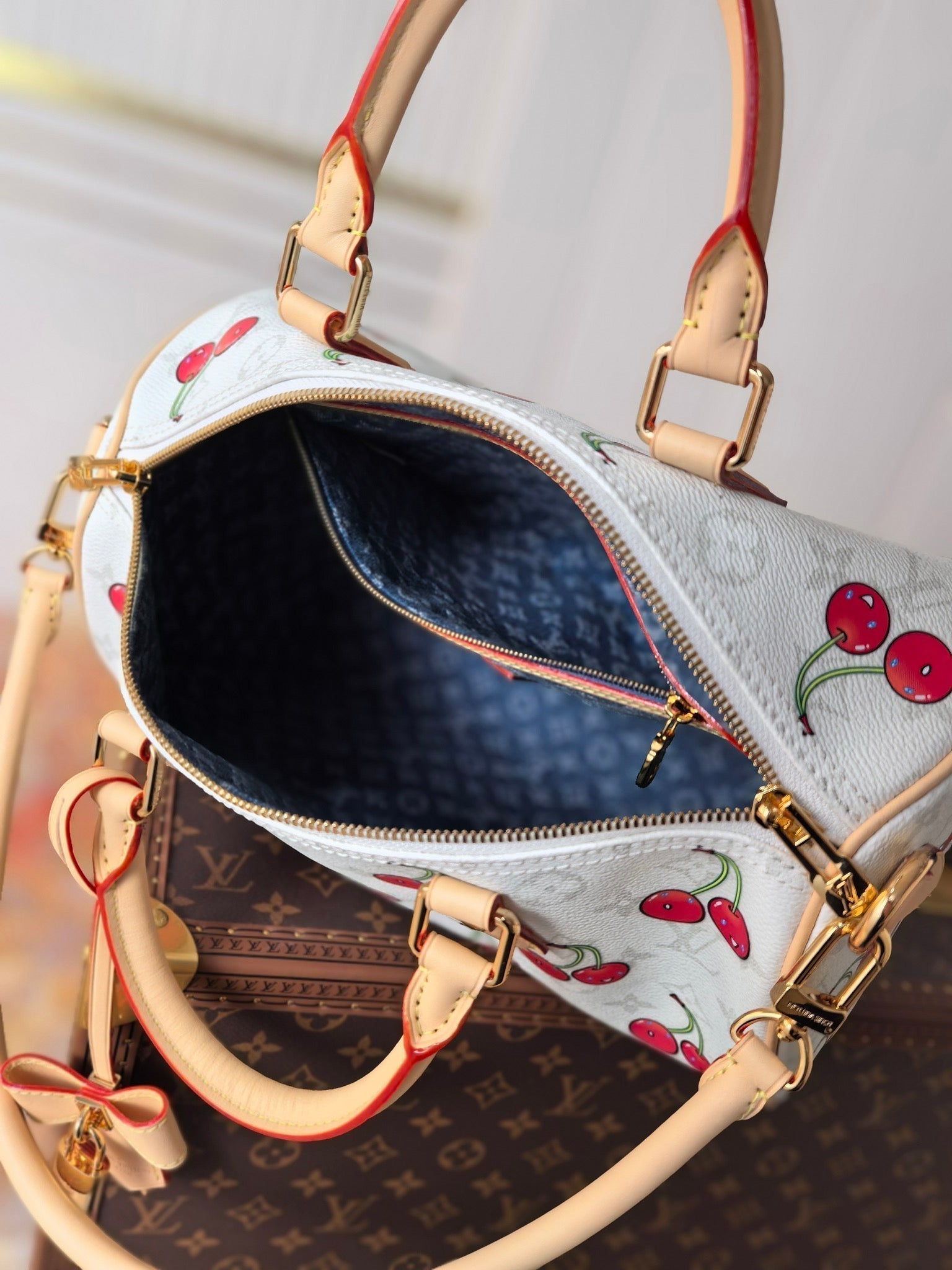 LOUIS VUITTON LV 25S SPEEDY SOFT 30 IN WHITE CANVAS MONOGRAM CHERRY PRINT GOLD HARDWARE