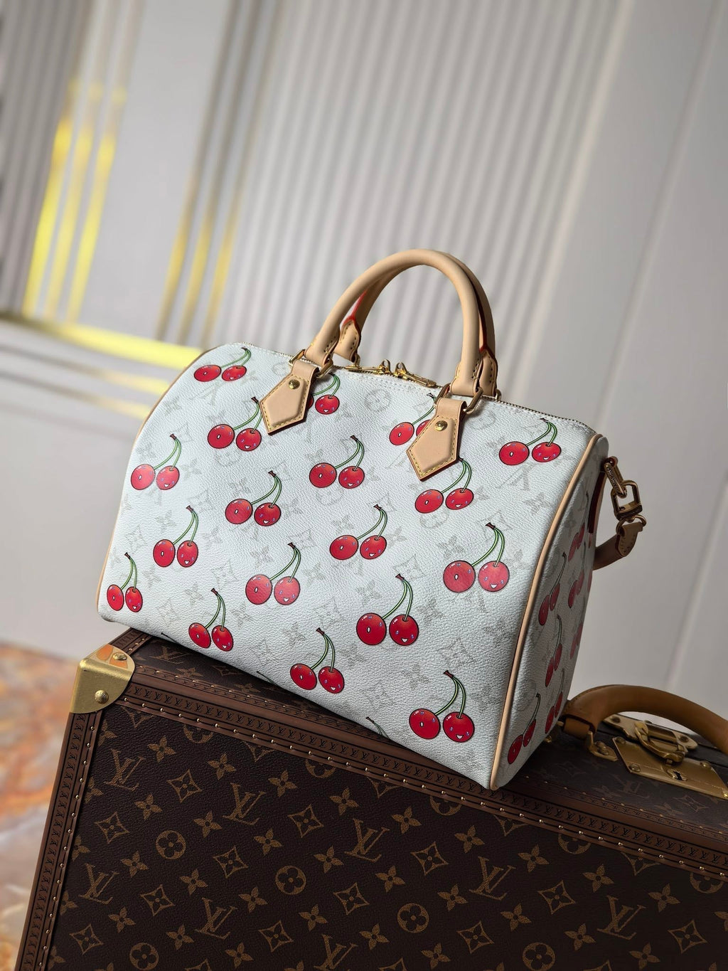 LOUIS VUITTON LV 25S SPEEDY SOFT 30 IN WHITE CANVAS MONOGRAM CHERRY PRINT GOLD HARDWARE