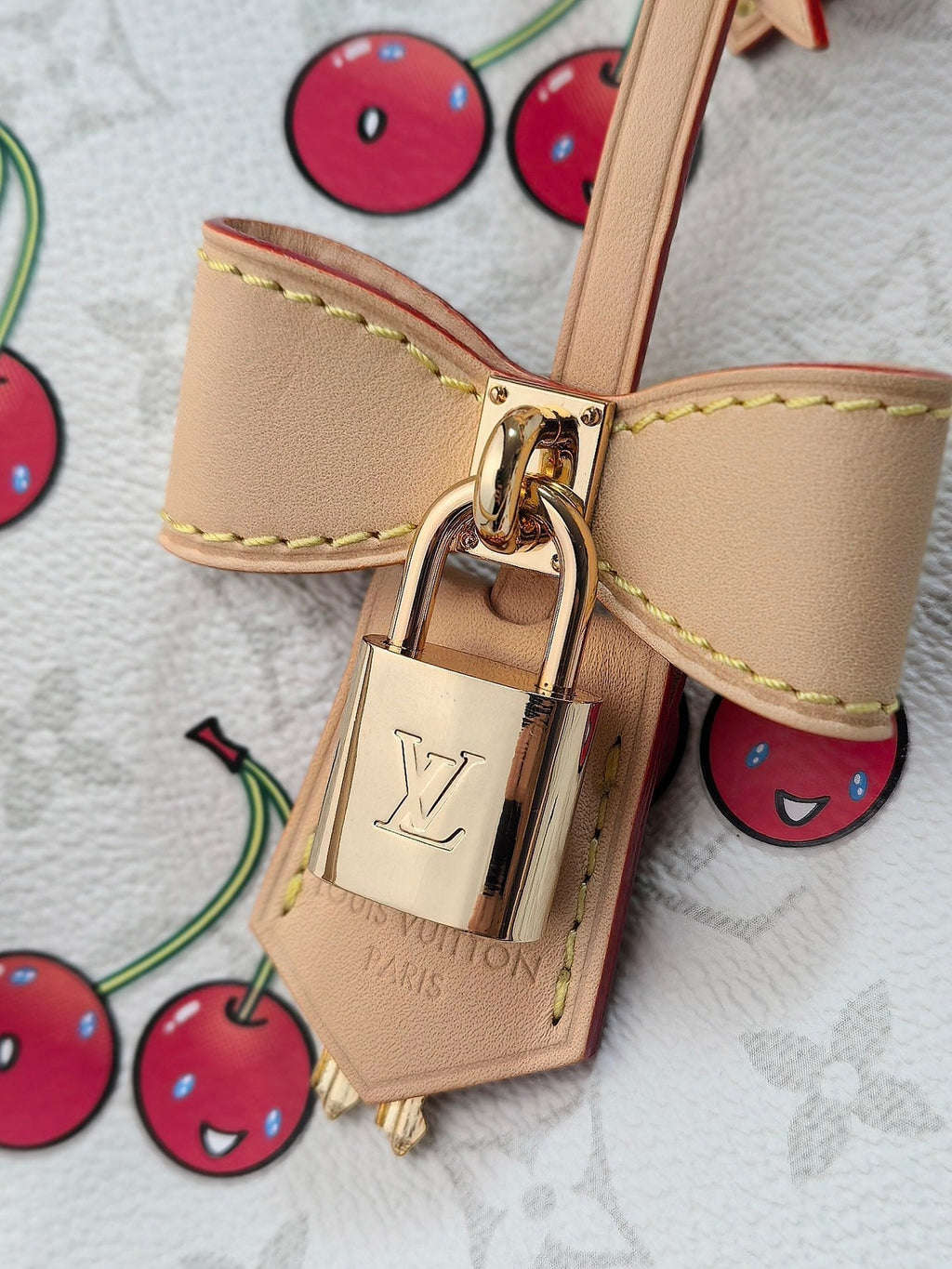 LOUIS VUITTON LV 25S SPEEDY SOFT 30 IN WHITE CANVAS MONOGRAM CHERRY PRINT GOLD HARDWARE