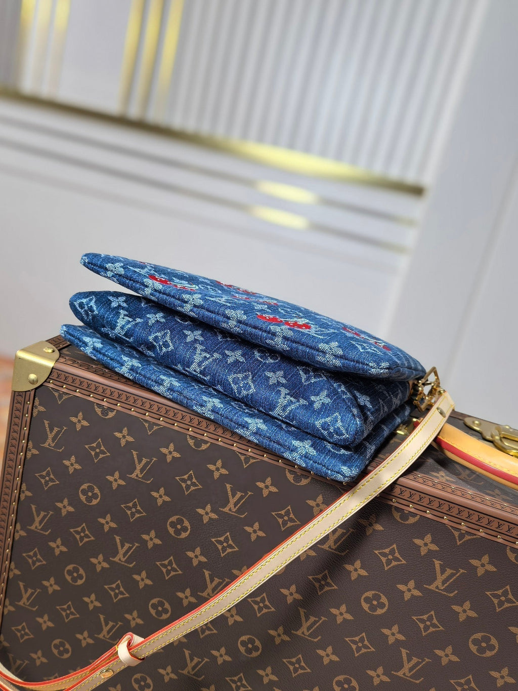 LOUIS VUITTON LV 25S COUSSIN BAG 26 IN DARK BLUE DENIM MONOGRAM CHERRY GOLD HARDWARE