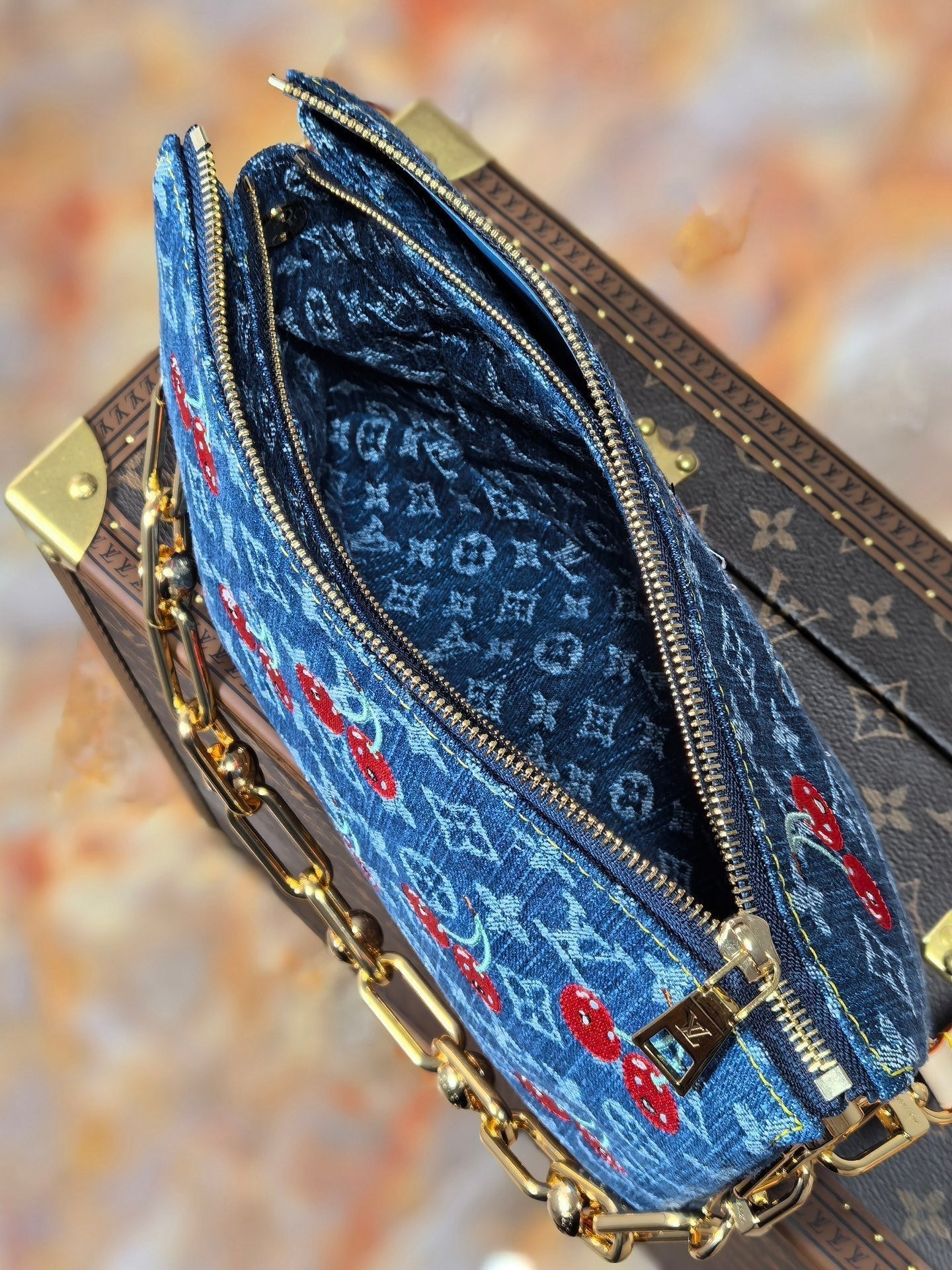 LOUIS VUITTON LV 25S COUSSIN BAG 26 IN DARK BLUE DENIM MONOGRAM CHERRY GOLD HARDWARE