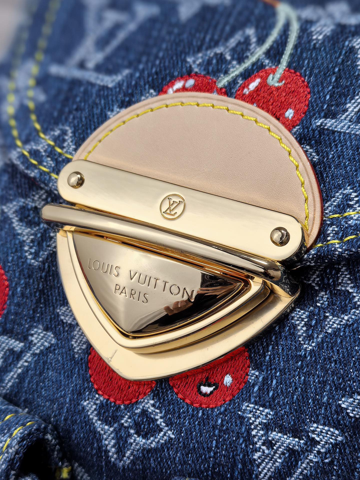 LOUIS VUITTON LV 25S VENICE BACKPACK 26 IN BLUE DENIM MONOGRAM CHERRY GOLD HARDWARE