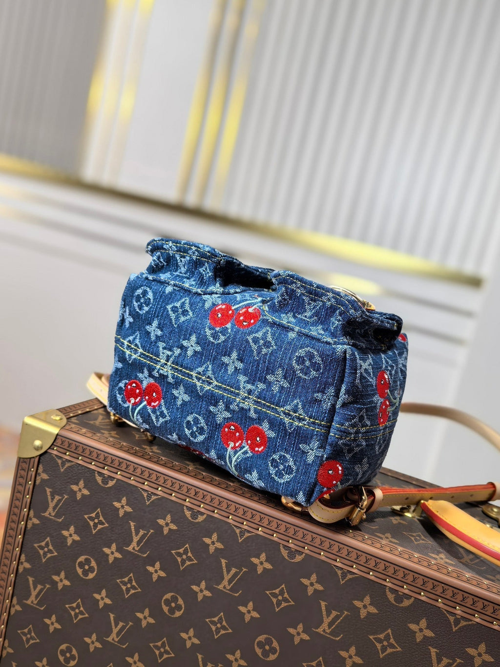 LOUIS VUITTON LV 25S VENICE BACKPACK 26 IN BLUE DENIM MONOGRAM CHERRY GOLD HARDWARE