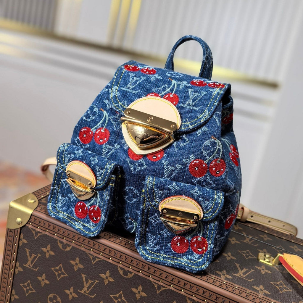 LOUIS VUITTON LV 25S VENICE BACKPACK 26 IN BLUE DENIM MONOGRAM CHERRY GOLD HARDWARE