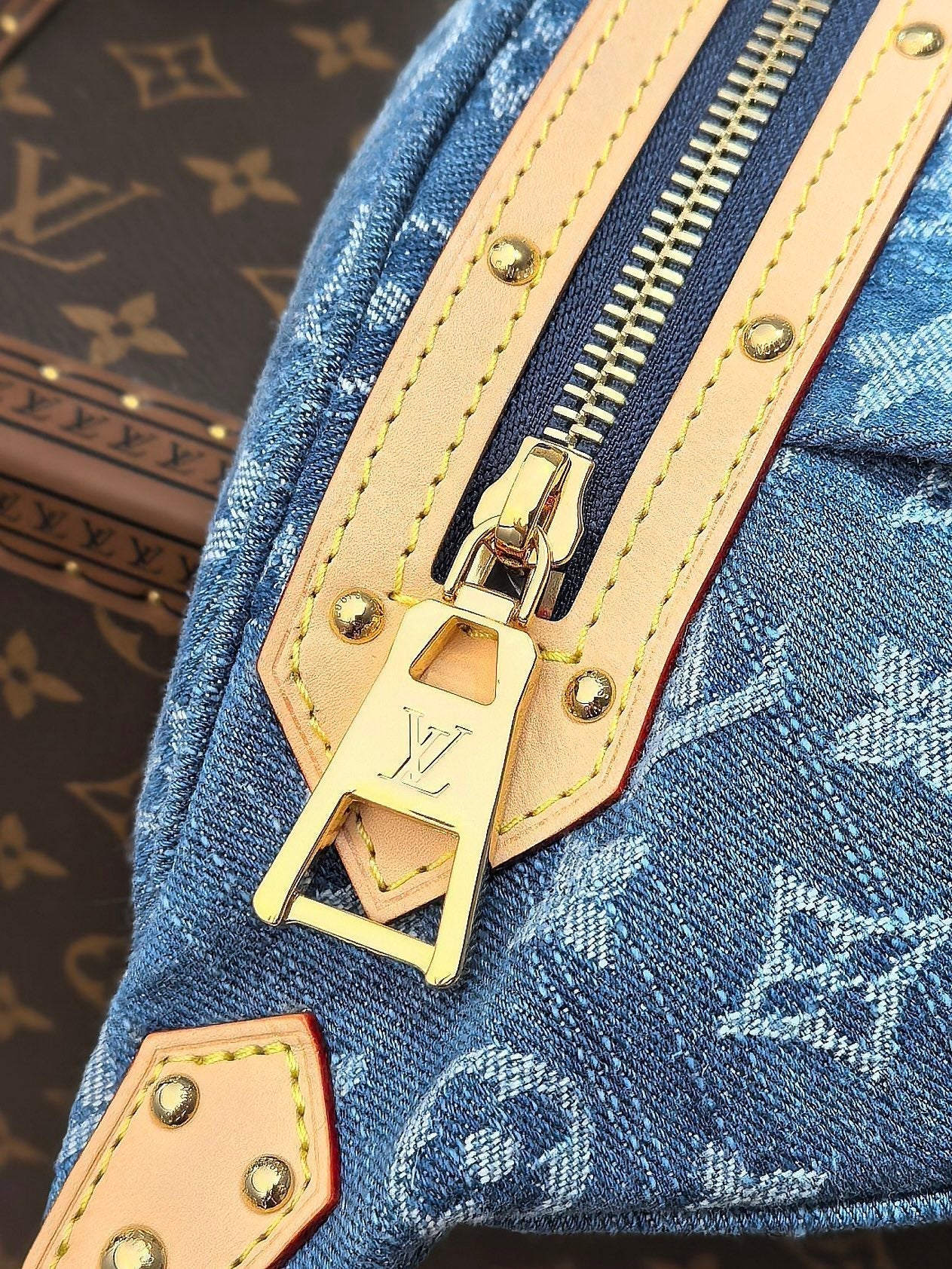 LOUIS VUITTON LV 25S BUMBAG 38 IN BLUE MONOGRAM DENIM LEATHER TRIM GOLD HARDWARE