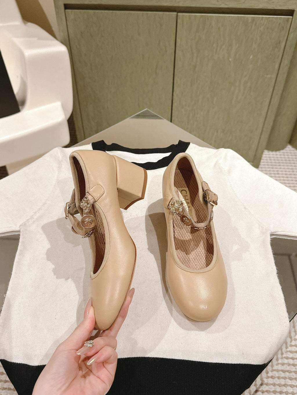 CHANEL HIGH MARY JANE ALMOND BEIGE LAMBSKIN