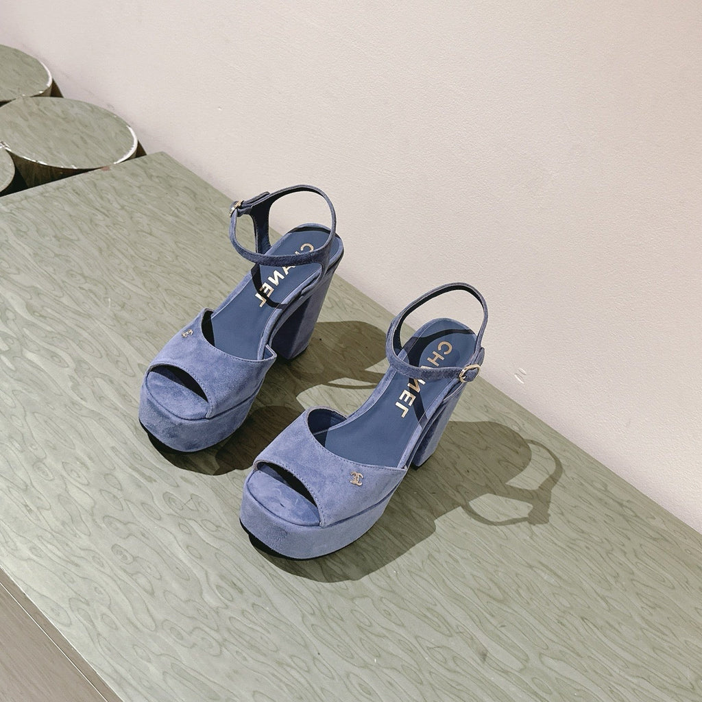 CHANEL HIGH SANDAL SAPHIRE BLUE SUEDE CALFSKIN