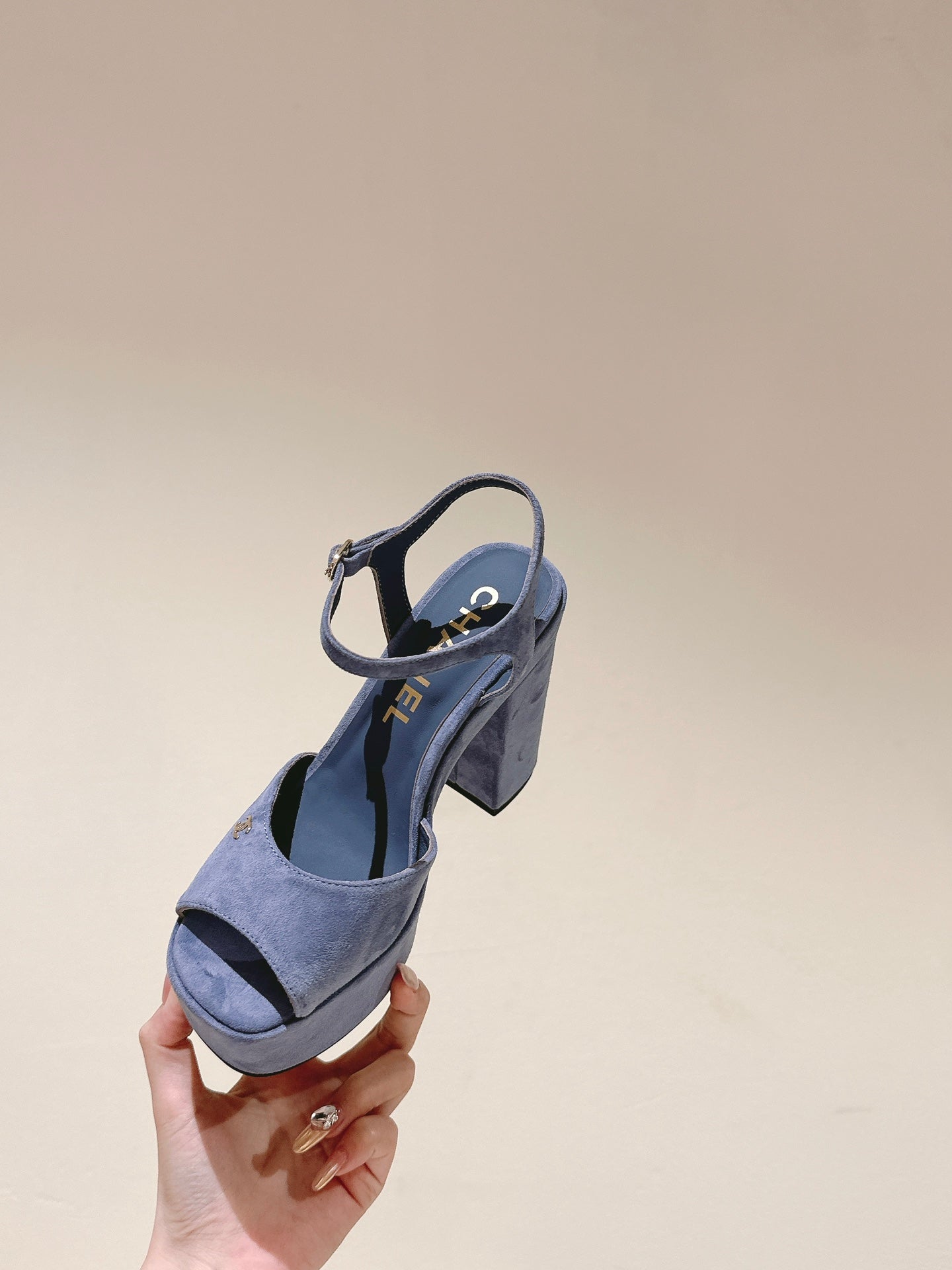 CHANEL HIGH SANDAL SAPHIRE BLUE SUEDE CALFSKIN