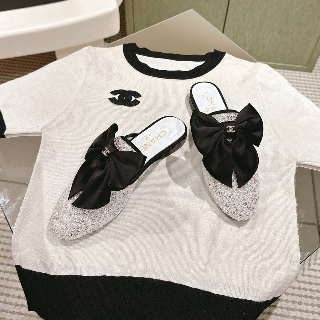 CHANEL JEWELED MULE WITH SILK BLACK BOW IN WHITE LAMBSKIN
