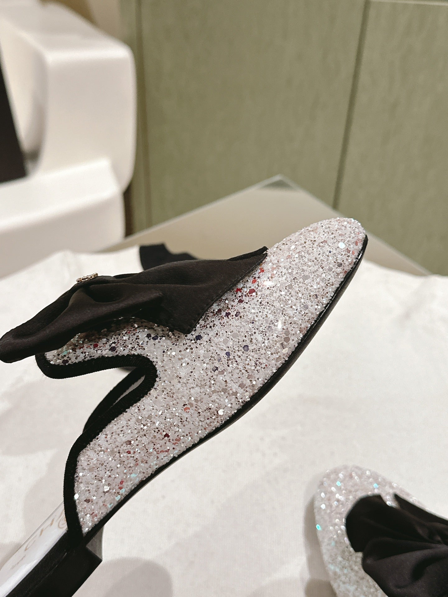 CHANEL JEWELED MULE WITH SILK BLACK BOW IN WHITE LAMBSKIN
