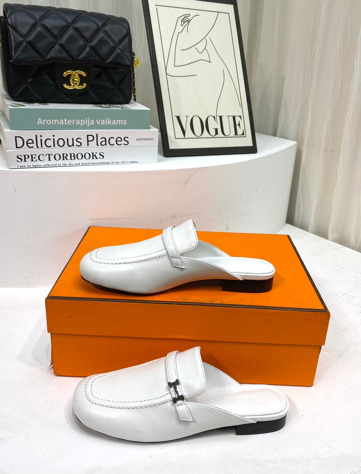 HERMES IENA MULE WHITE CALFSKIN