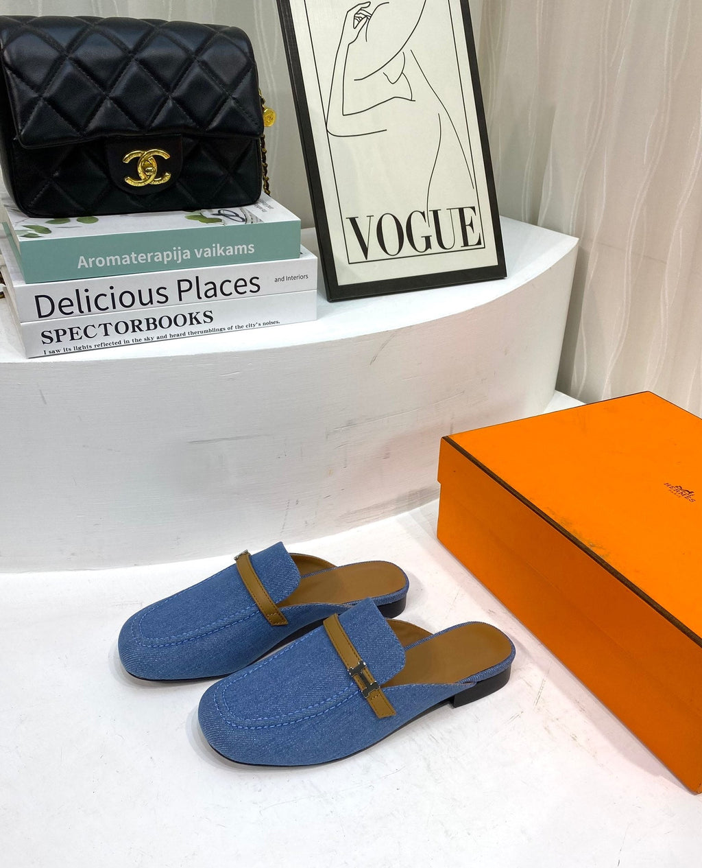HERMES IENA MULE LAPIS CANVAS AND CARAMEL CALFSKIN