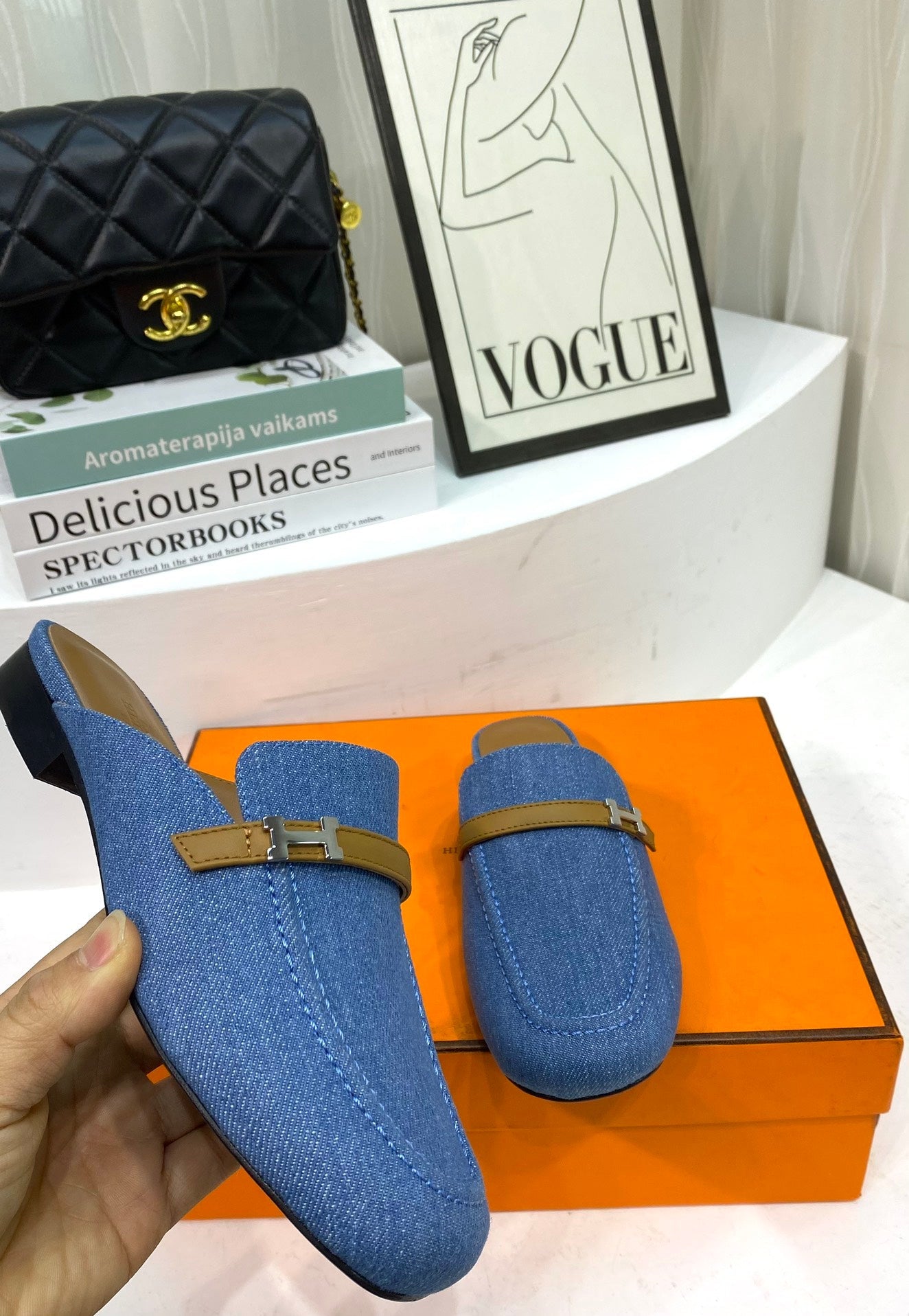 HERMES IENA MULE LAPIS CANVAS AND CARAMEL CALFSKIN