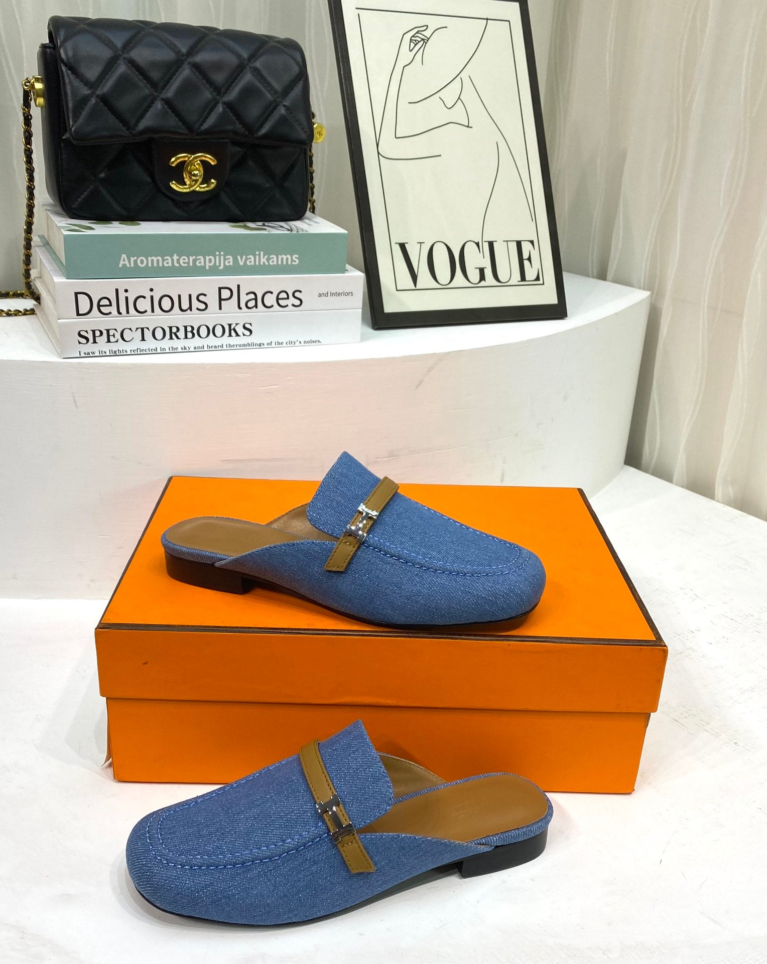 HERMES IENA MULE LAPIS CANVAS AND CARAMEL CALFSKIN
