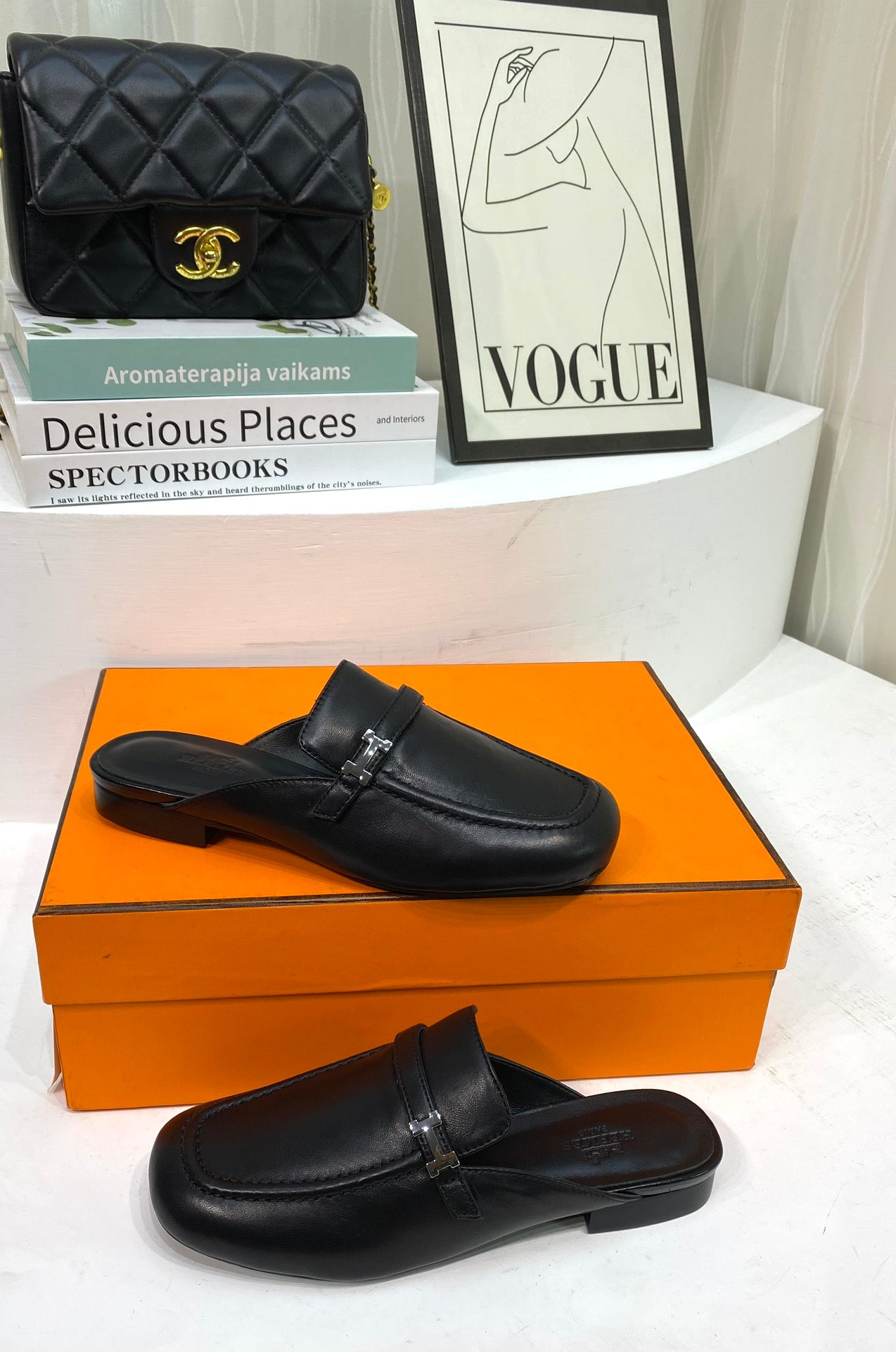 HERMES IENA MULE BLACK CALFSKIN