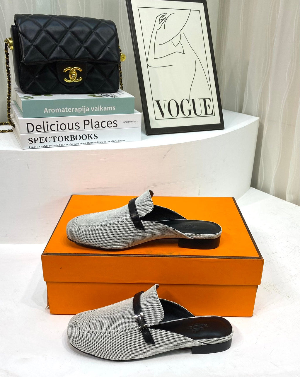 HERMES IENA MULE  GRAY CANVAS AND BLACK CALFSKIN