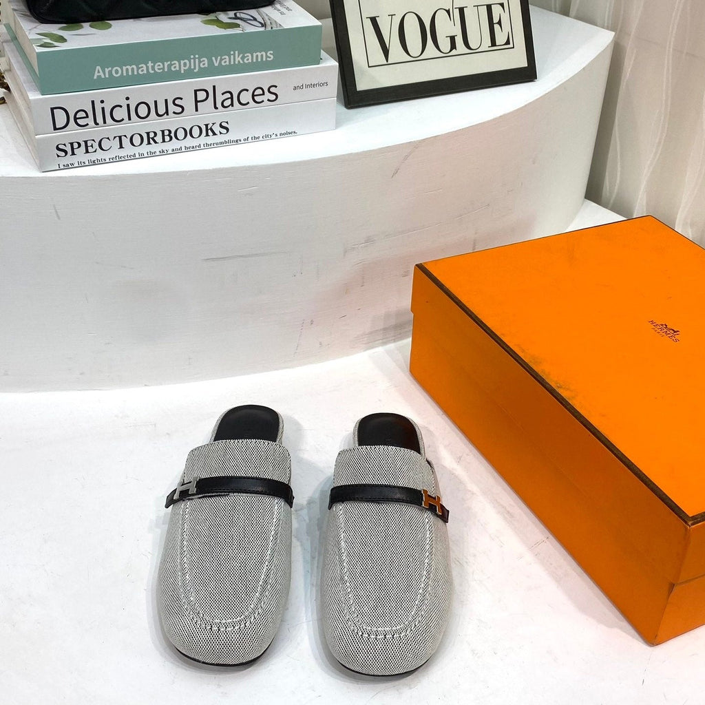 HERMES IENA MULE  GRAY CANVAS AND BLACK CALFSKIN