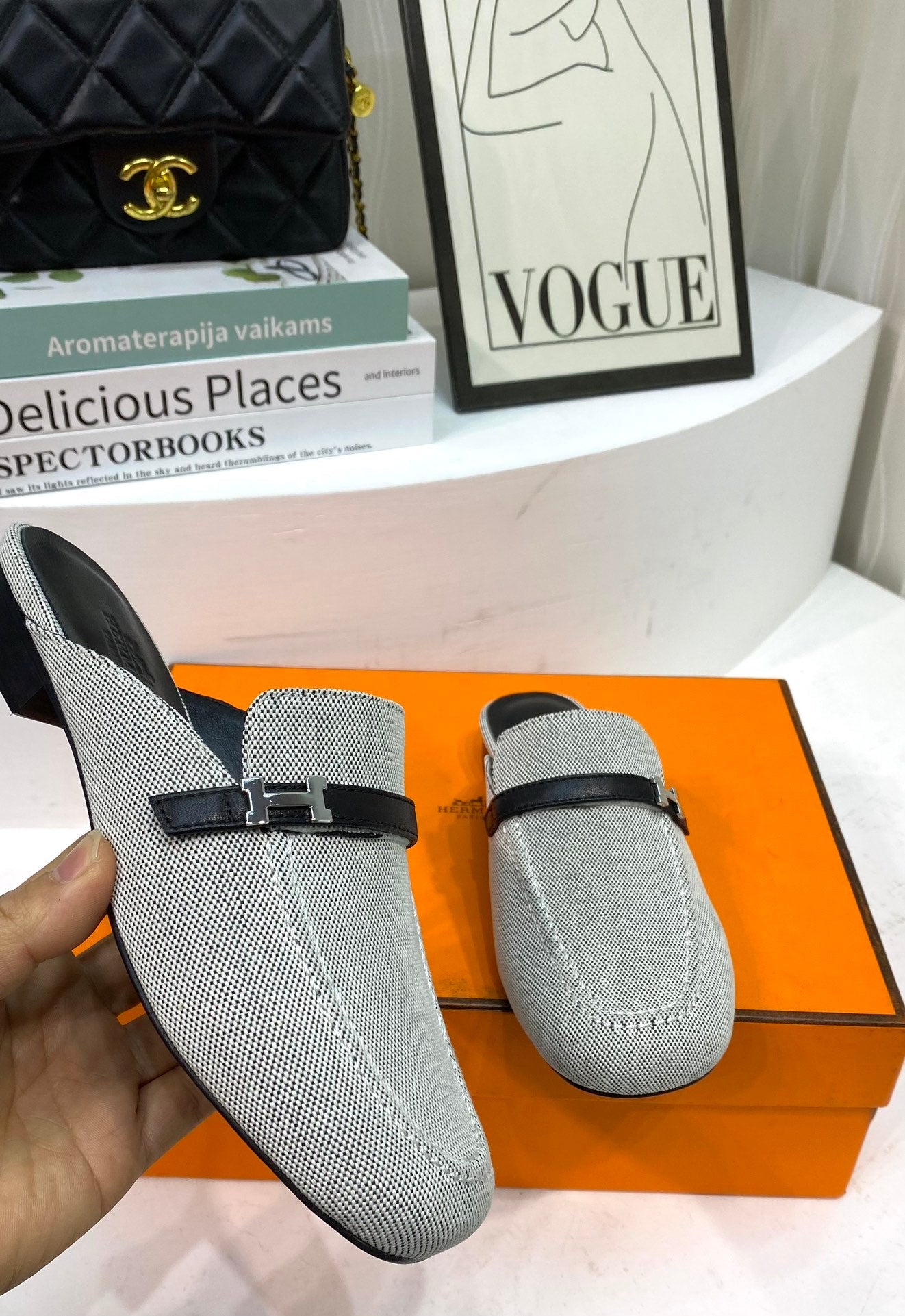 HERMES IENA MULE  GRAY CANVAS AND BLACK CALFSKIN