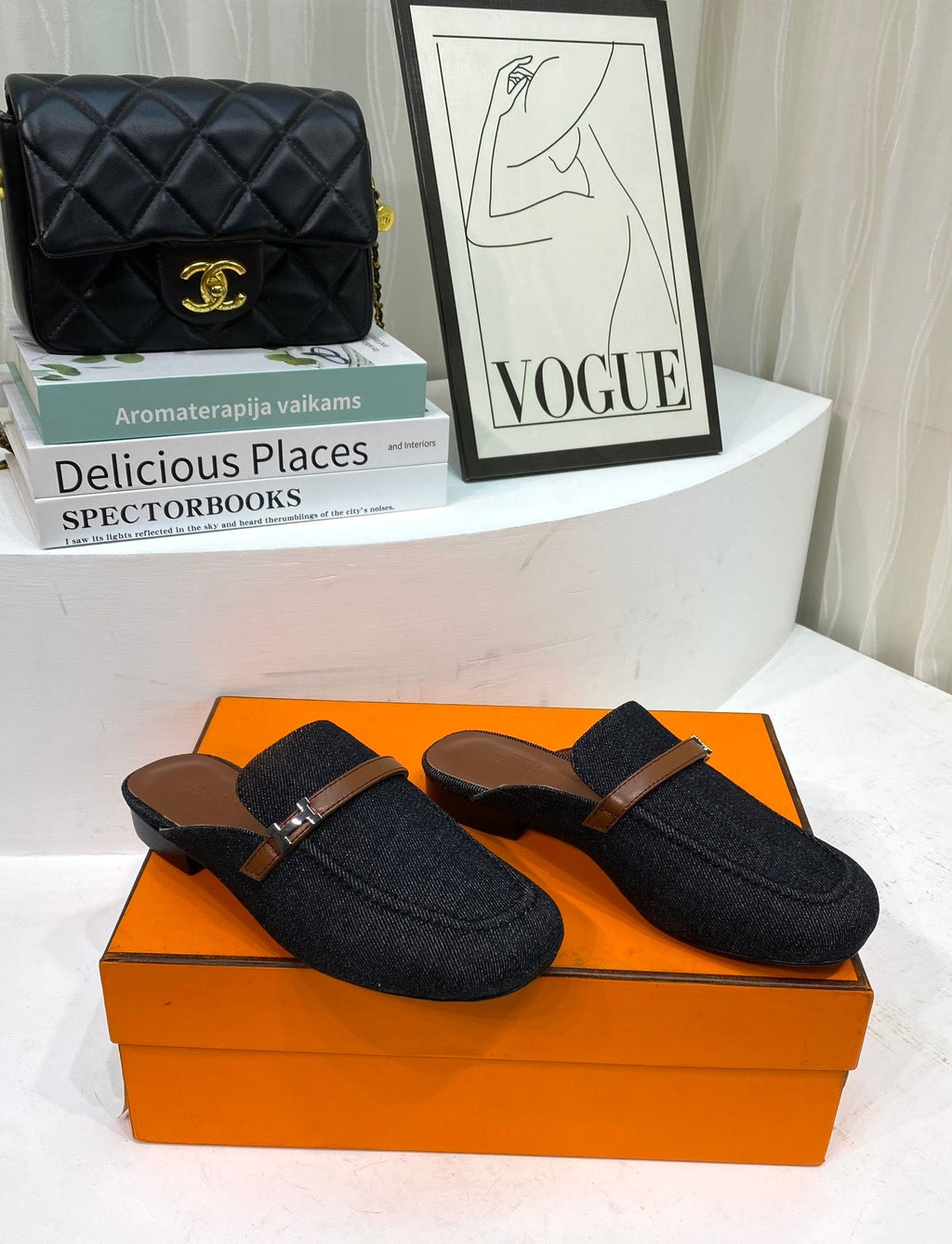 HERMES IENA MULE  BLACK CANVAS AND BROWN CALFSKIN