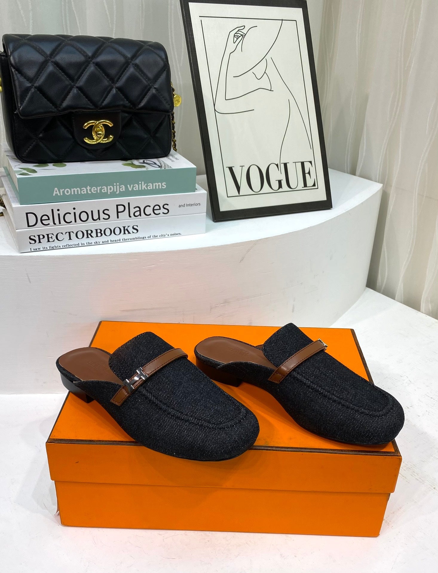 HERMES IENA MULE  BLACK CANVAS AND BROWN CALFSKIN