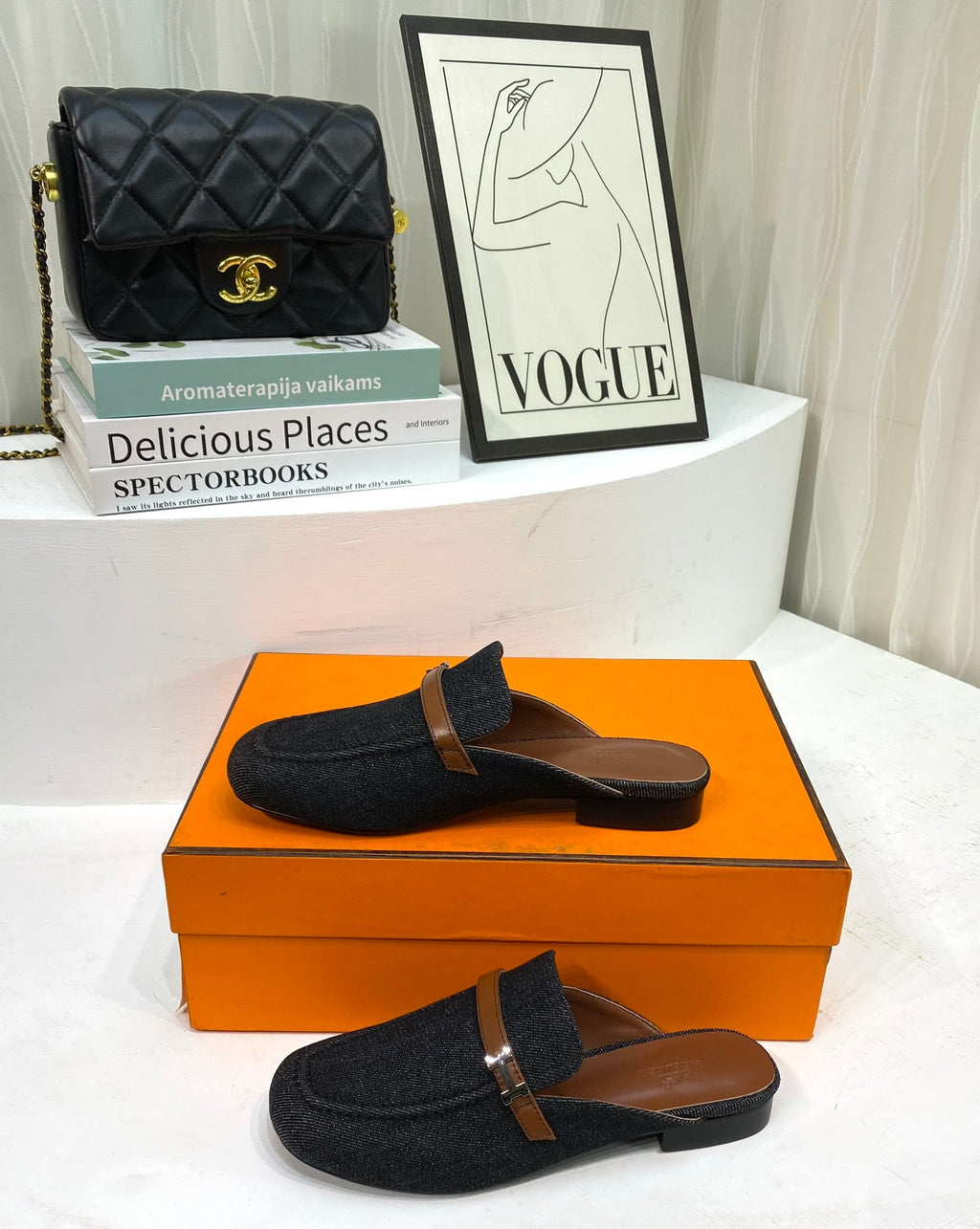 HERMES IENA MULE  BLACK CANVAS AND BROWN CALFSKIN