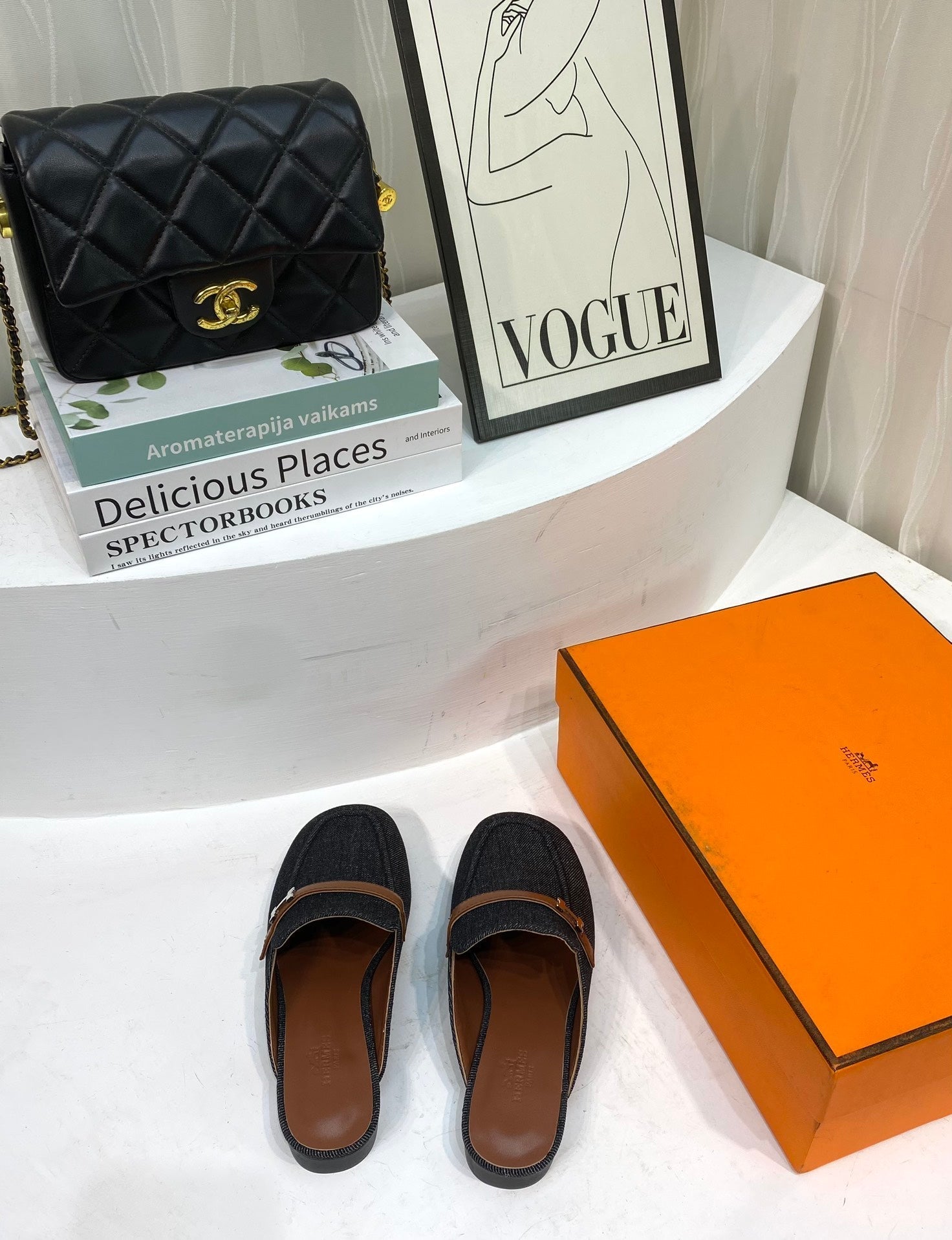 HERMES IENA MULE  BLACK CANVAS AND BROWN CALFSKIN