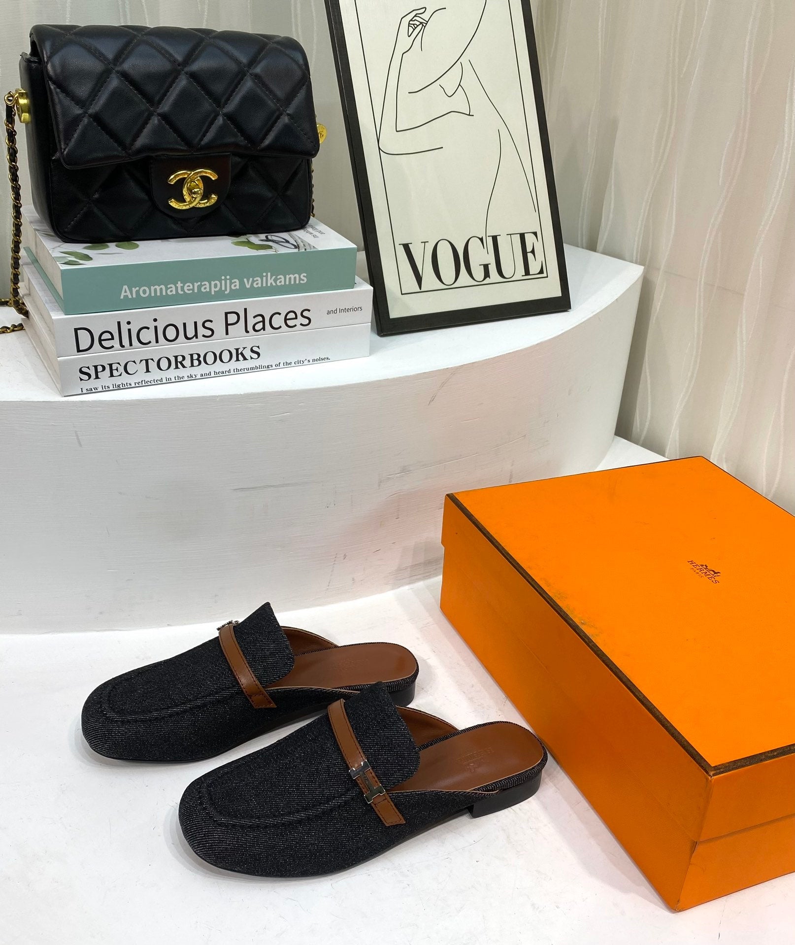 HERMES IENA MULE  BLACK CANVAS AND BROWN CALFSKIN