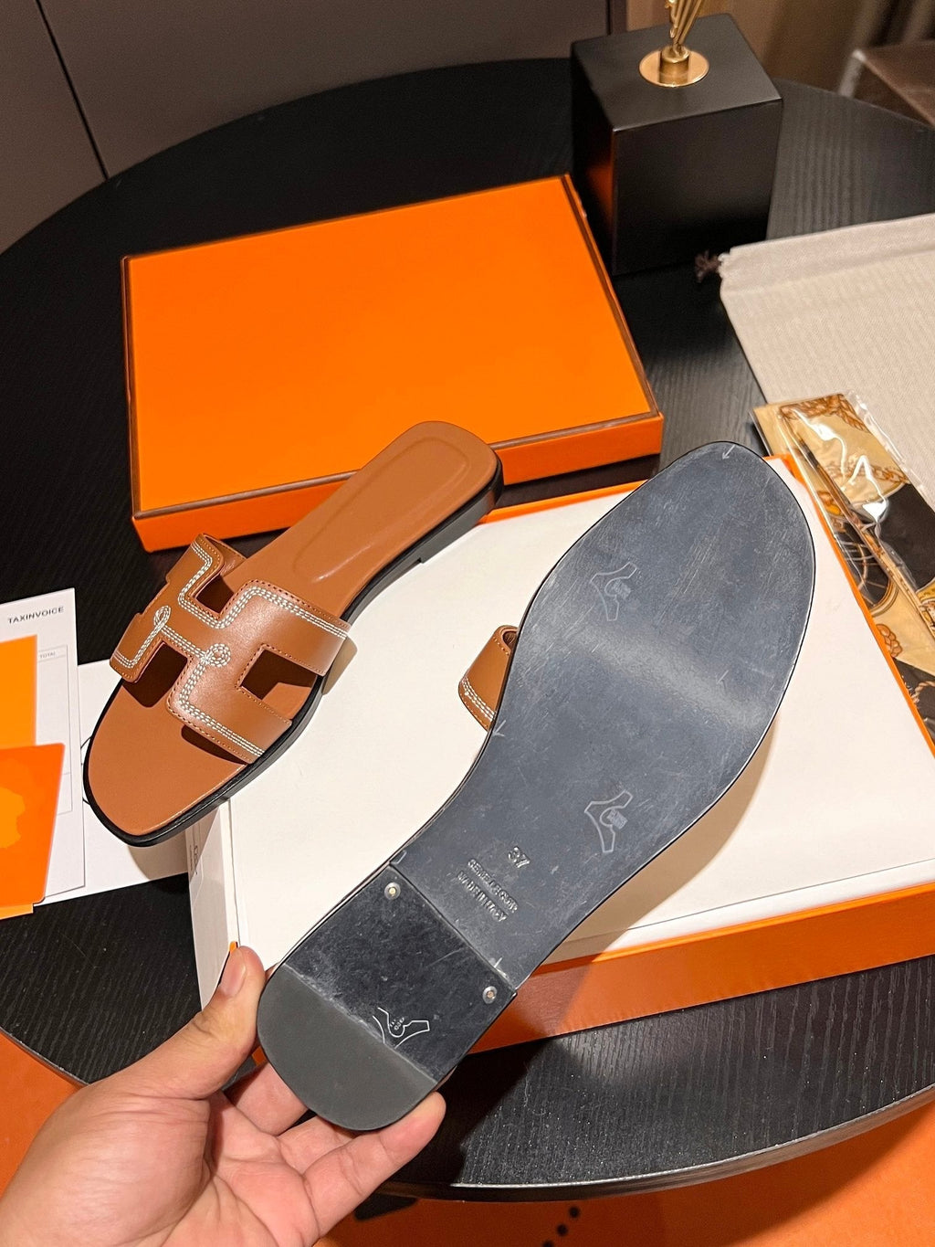 HERMES 0RAN SANDAL Calfskin Sandstone