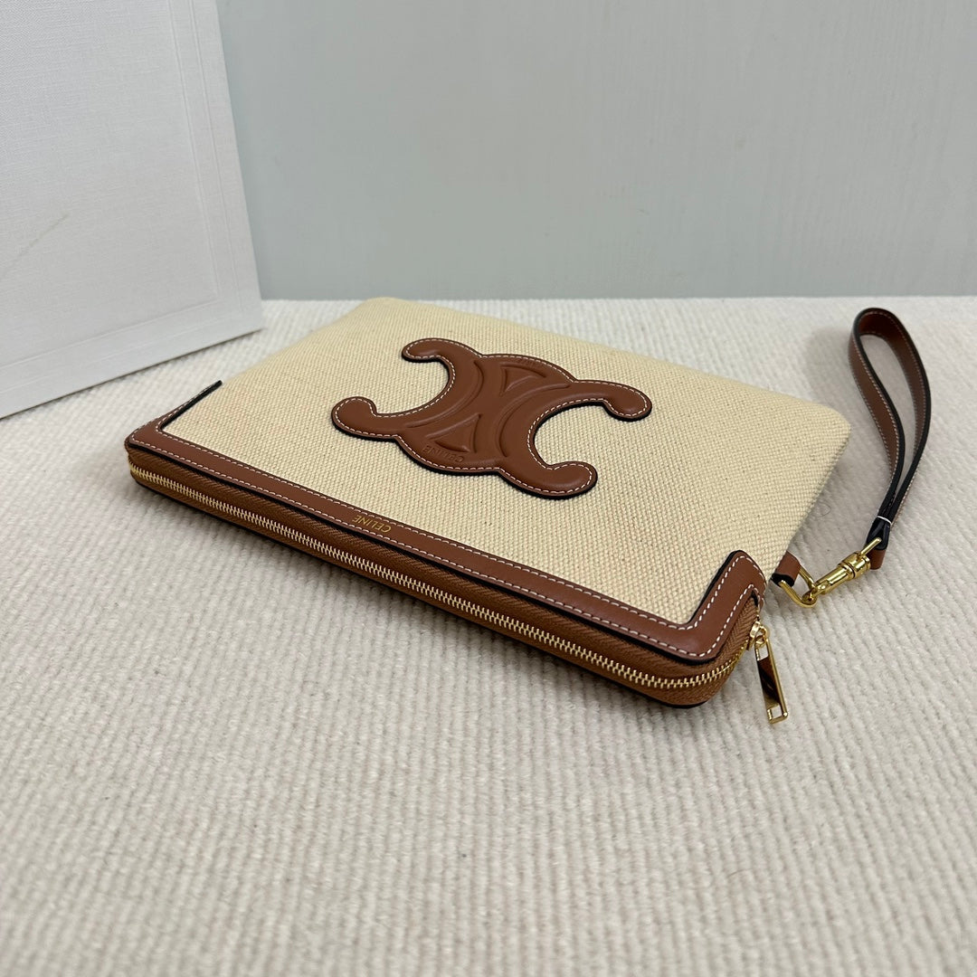 CELINE SMALL POUCH 25 IN BEIGE CANVAS AND BROWN CALFSKIN