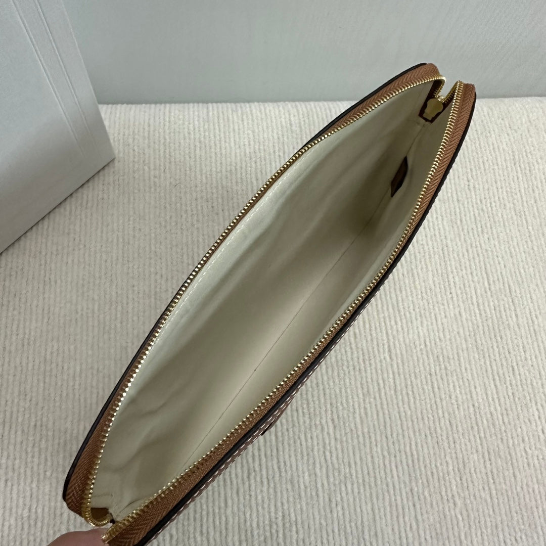CELINE SMALL POUCH 25 IN BEIGE TRIOMPHE TEXTILE AND BROWN CALFSKIN