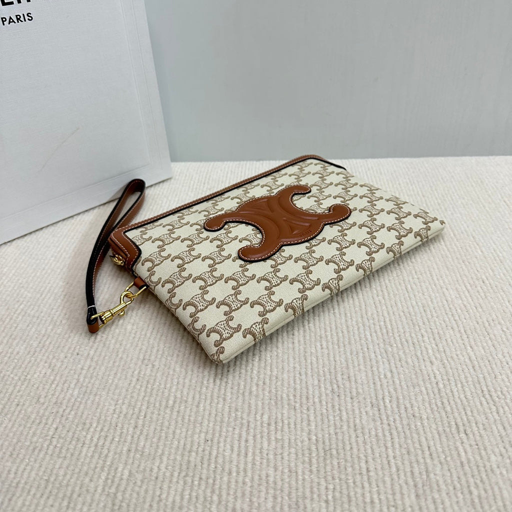 CELINE SMALL POUCH 25 IN BEIGE TRIOMPHE TEXTILE AND BROWN CALFSKIN
