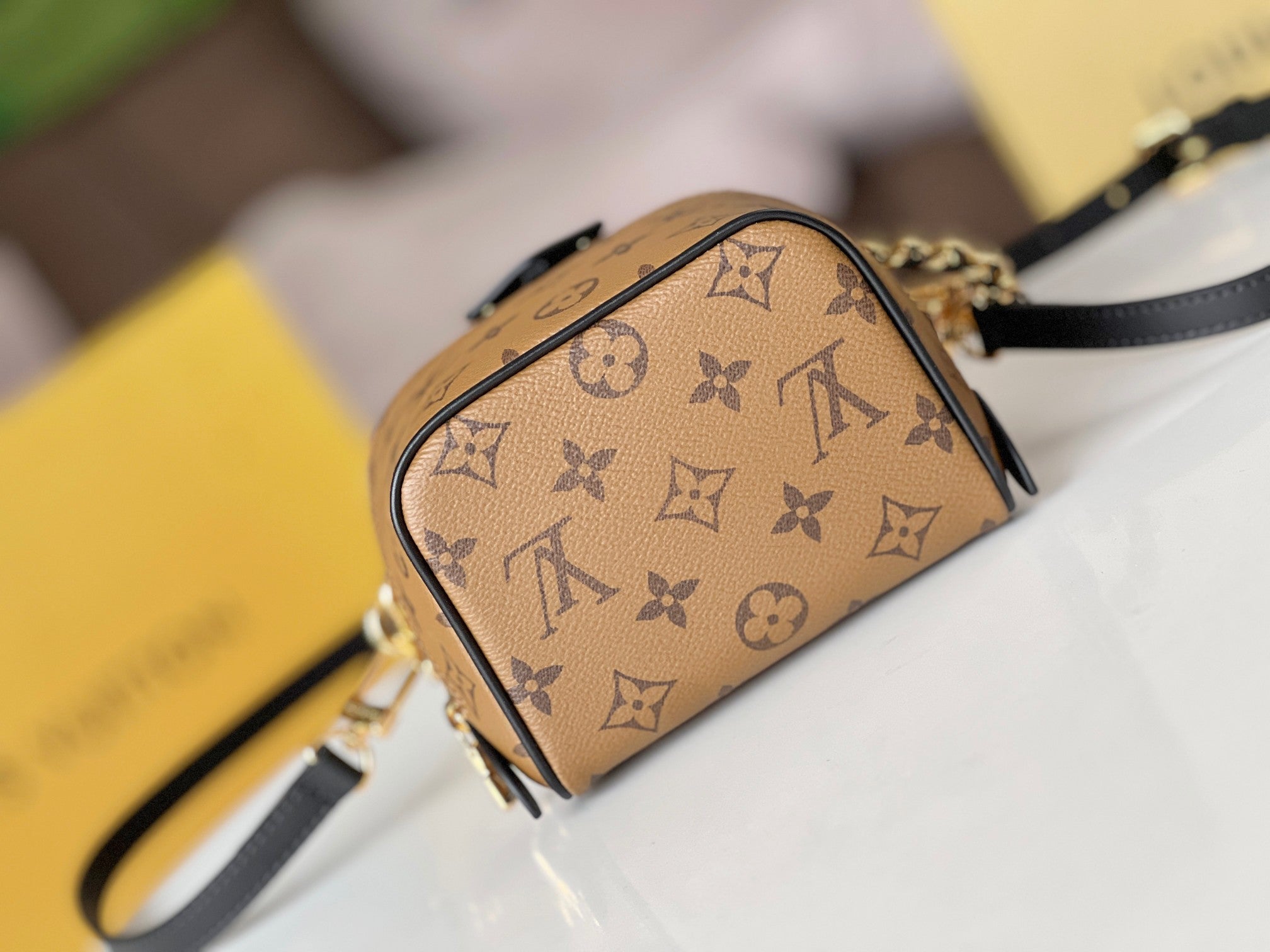 LOUIS VUITTON LV 25S JUST IN CASE 14 IN BROWN MONOGRAM CANVAS LEATHER TRIM BLACK