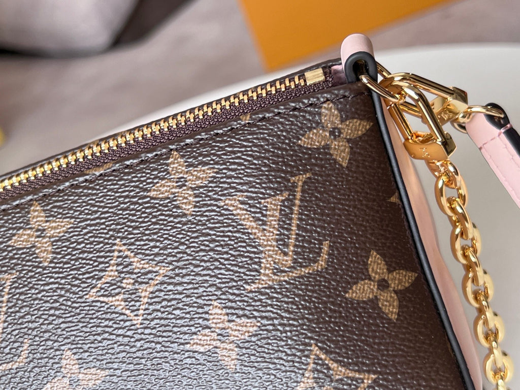 LOUIS VUITTON BLOOM POUCH 22 IN BROWN MONOGRAM CANVAS AND PASTEL PINK CALFSKIN SIDES