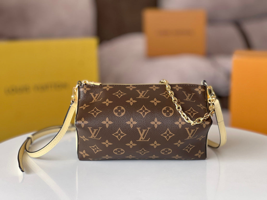 LOUIS VUITTON BLOOM POUCH 22 IN BROWN MONOGRAM CANVAS AND PASTEL YELLOW CALFSKIN SIDES