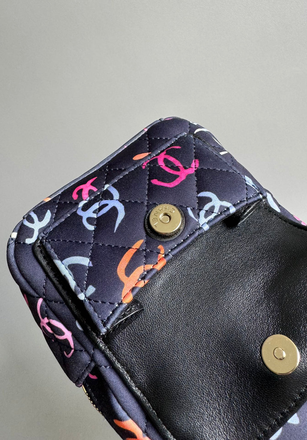 CHANEL BACKPACK 18CM BLACK & MANY OTHER COLORS PRINTED FABRIC GOLD HARDWARE