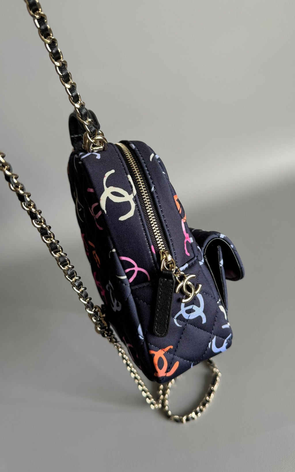 CHANEL BACKPACK 18CM BLACK & MANY OTHER COLORS PRINTED FABRIC GOLD HARDWARE