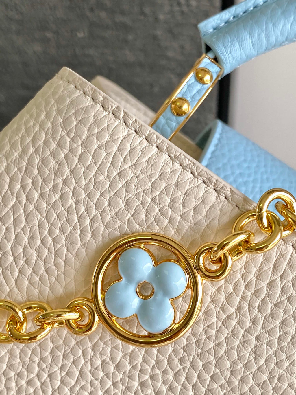LOUIS VUITTON CAPUCINES BB 27 IN PEARL WHITE MIX SKY BLUE TAURILLON GOLD HARDWARE
