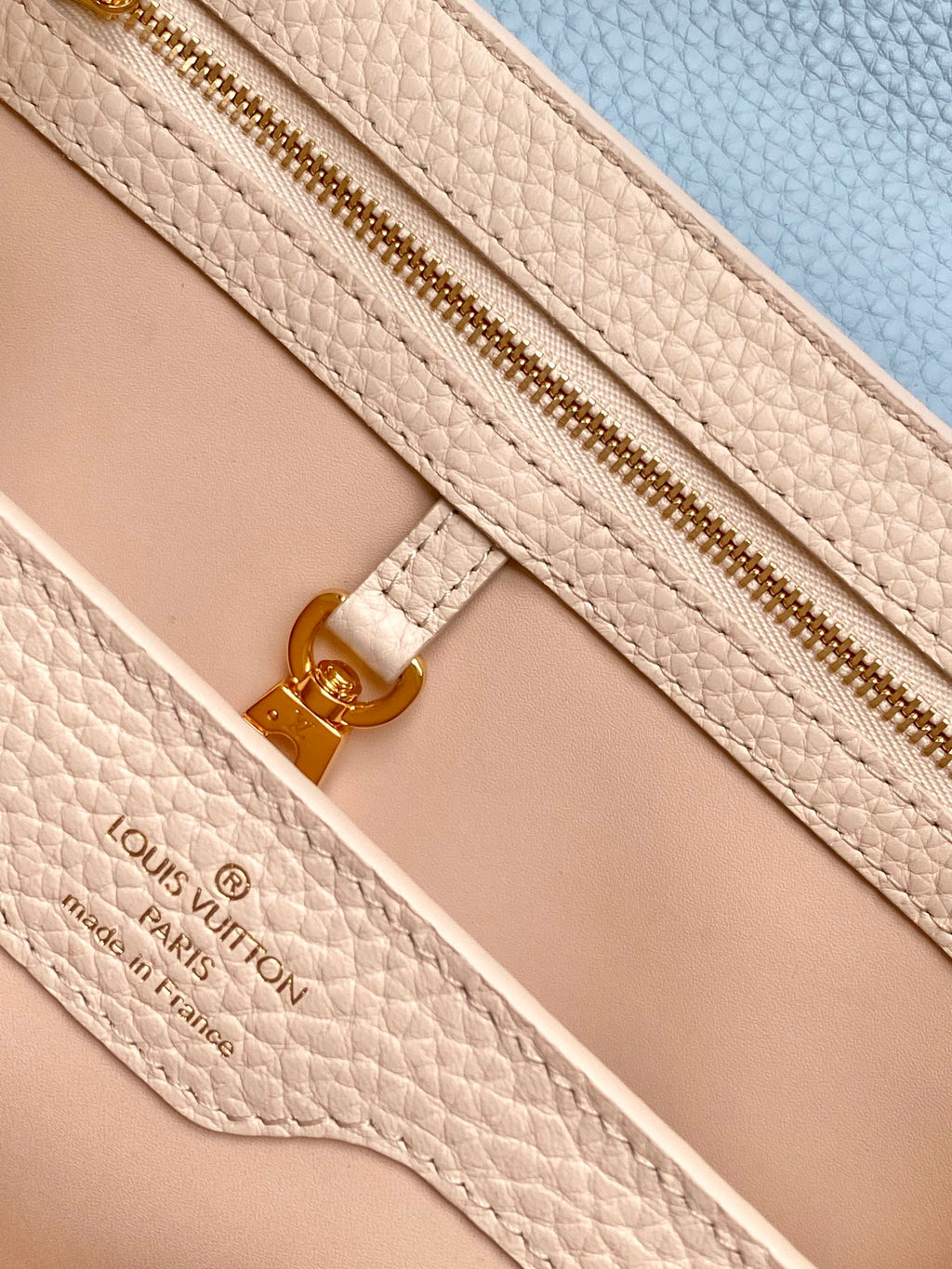 LOUIS VUITTON CAPUCINES BB 27 IN PEARL WHITE MIX SKY BLUE TAURILLON GOLD HARDWARE