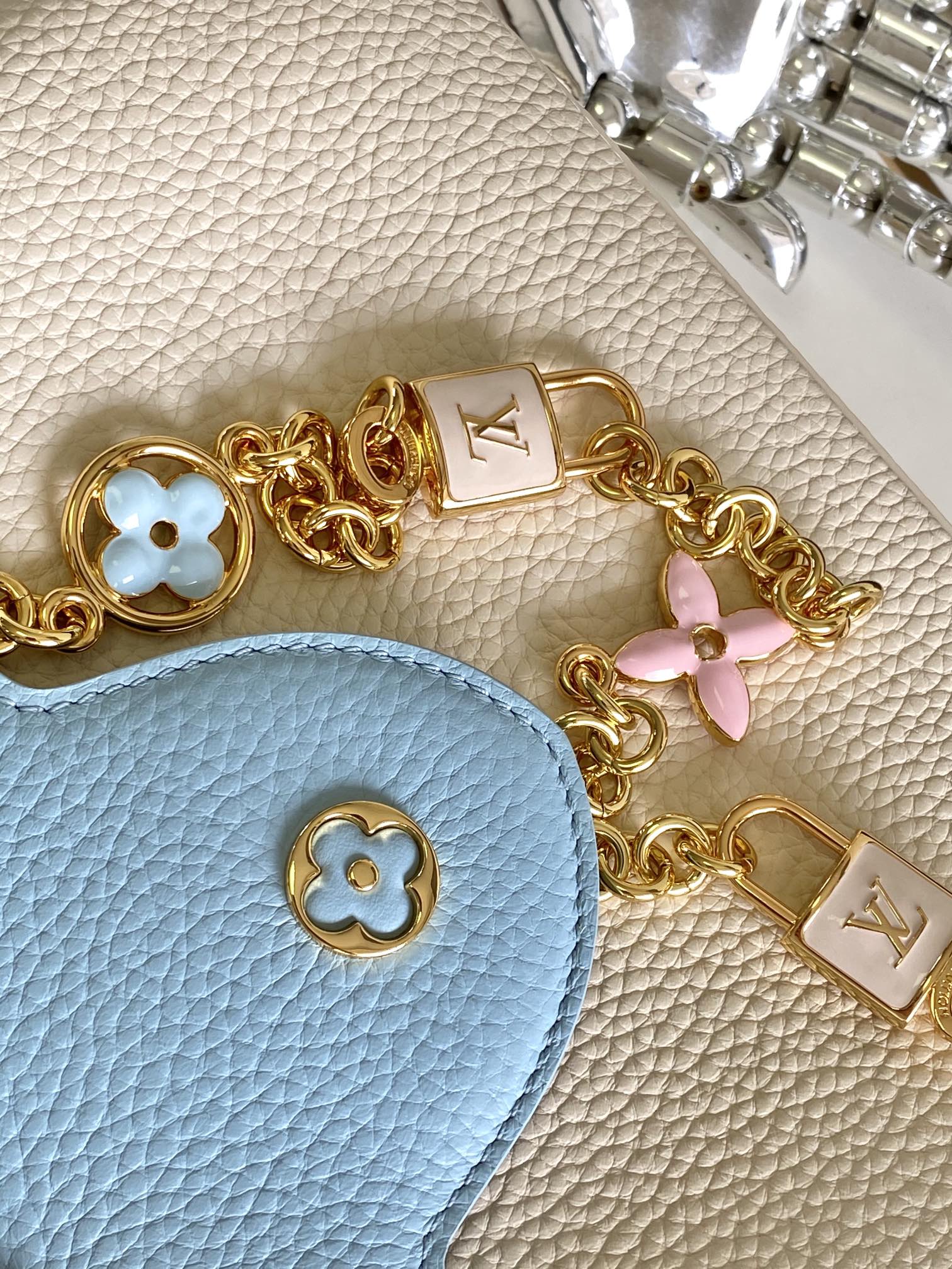 LOUIS VUITTON CAPUCINES BB 27 IN PEARL WHITE MIX SKY BLUE TAURILLON GOLD HARDWARE