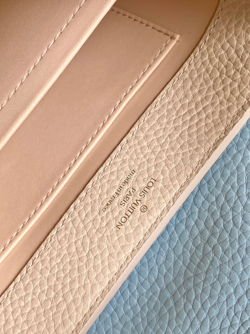 LOUIS VUITTON CAPUCINES MINI 21 IN PEARL WHITE MIX SKY BLUE TAURILLON GOLD HARDWARE