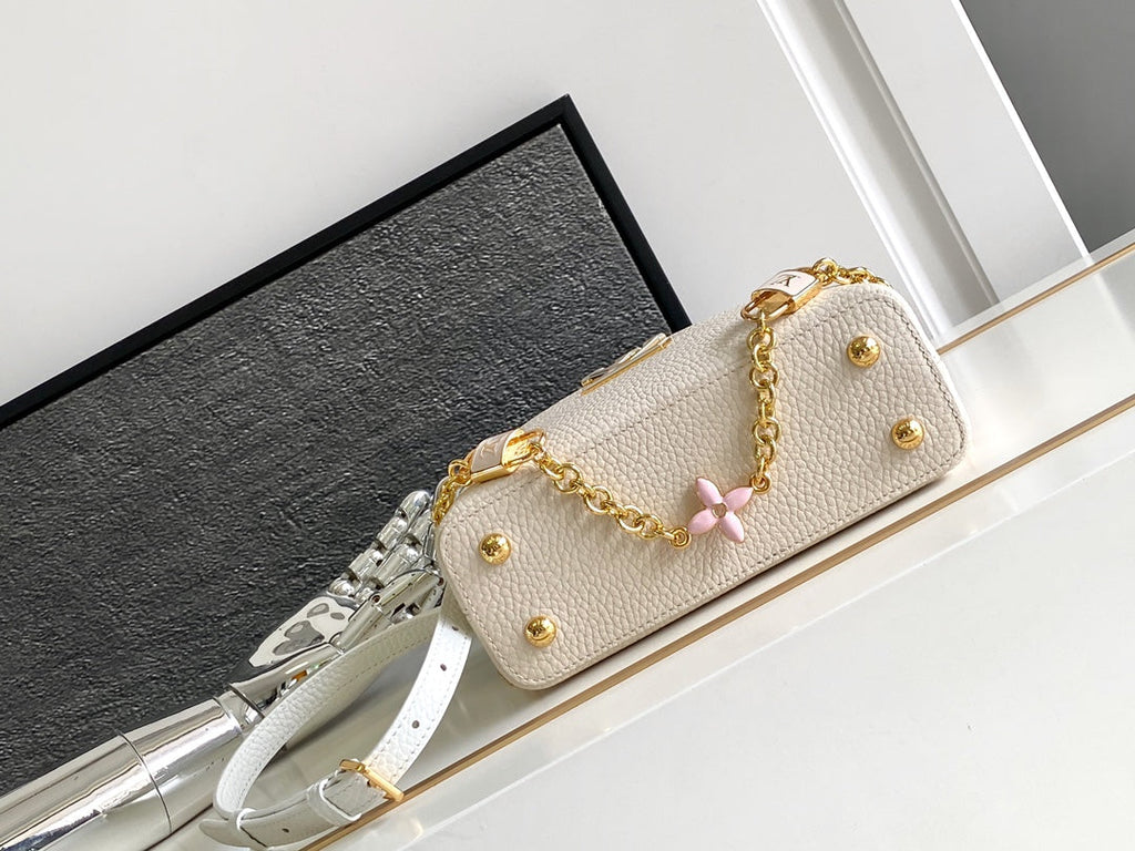 LOUIS VUITTON CAPUCINES MINI 21 IN PEARL WHITE MIX SKY BLUE TAURILLON GOLD HARDWARE