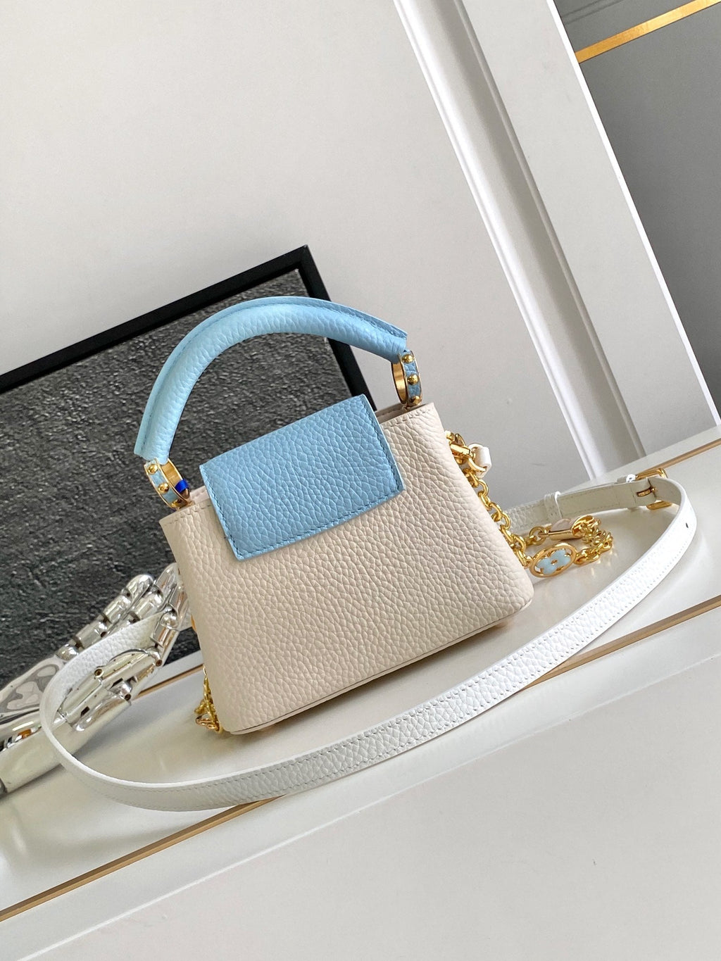 LOUIS VUITTON CAPUCINES NANO 16 IN PEARL WHITE MIX SKY BLUE TAURILLON GOLD HARDWARE
