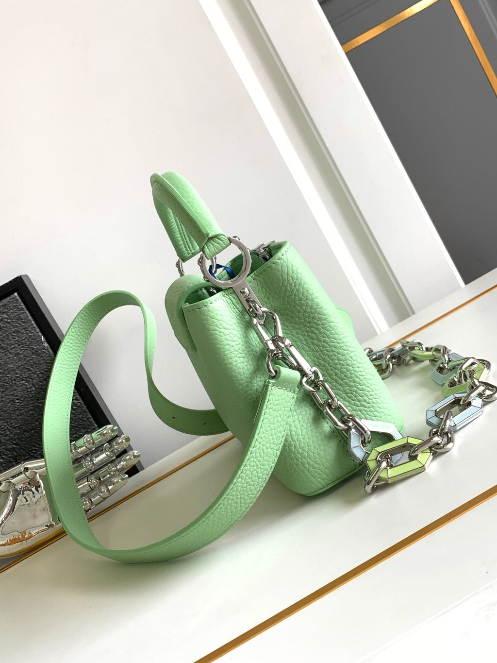 LOUIS VUITTON CAPUCINES MINI 21 IN LIGHT GREEN TAURILLON SILVER HARDWARE