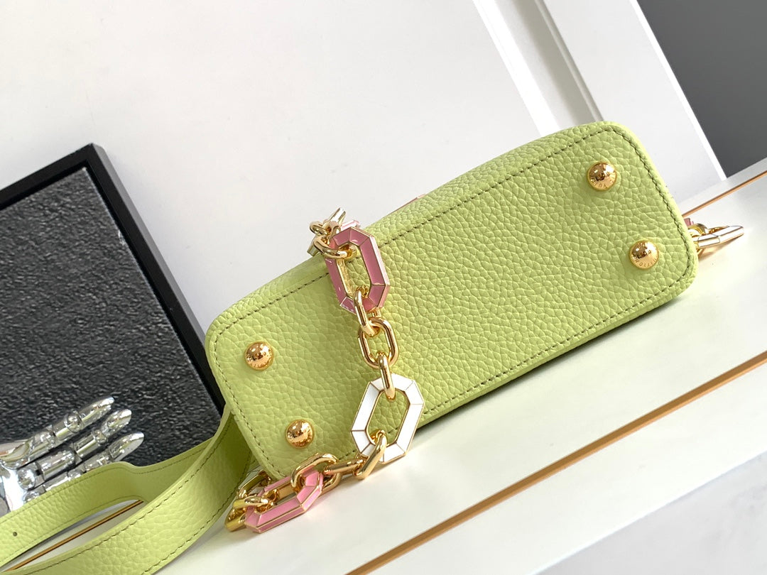LOUIS VUITTON CAPUCINES MINI 21 IN PEAR GREEN TAURILLON GOLD HARDWARE