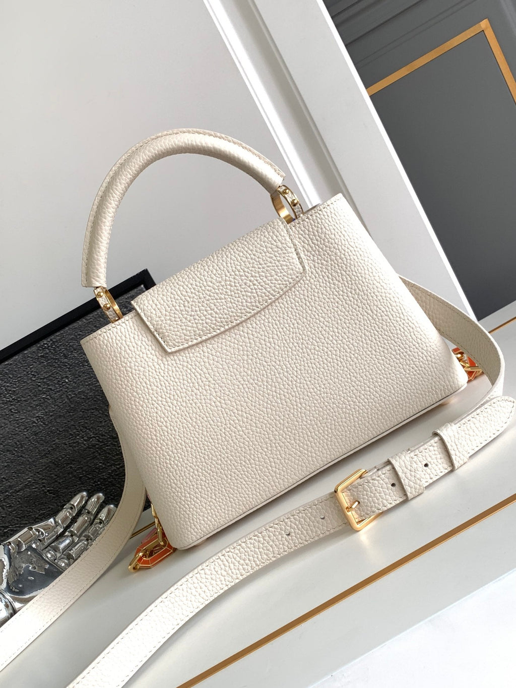 LOUIS VUITTON CAPUCINES BB 27 IN PEARL WHITE TAURILLON GOLD HARDWARE
